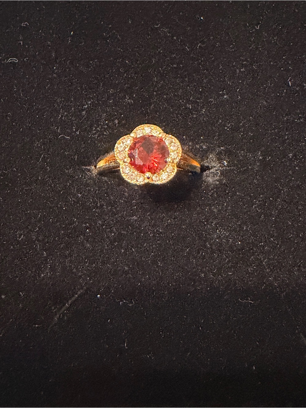 Gold Overlay Stainless Steel Floral Halo Ring with Red Burnt Orange Center Gem